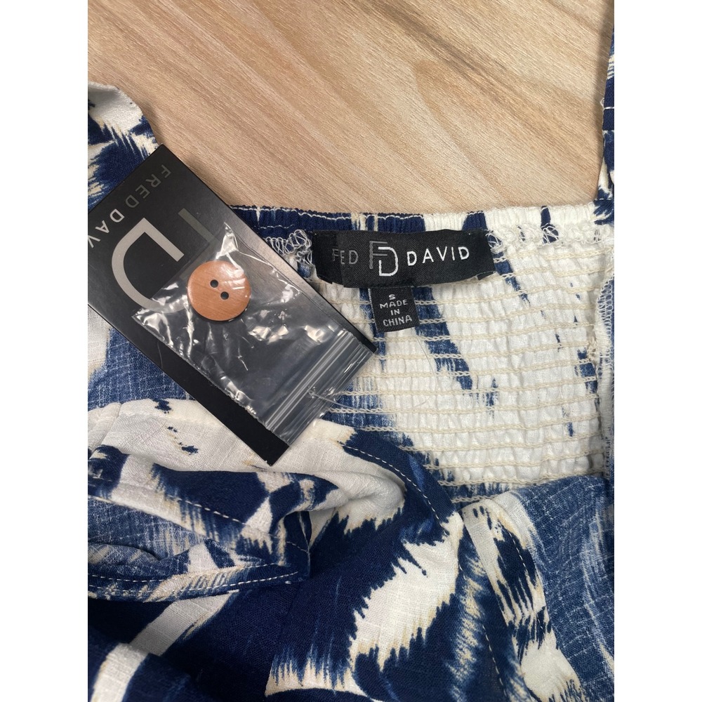 Fred David Blue White Tropical Print Midi Dress Belted Sleeveless Size Small - Picture 3 of 10